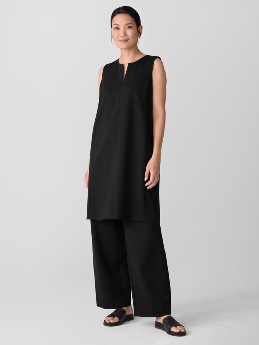 Eileen Fisher Lightweight Ponte Split Neck Lagenlook minimal mod Dress neutral L